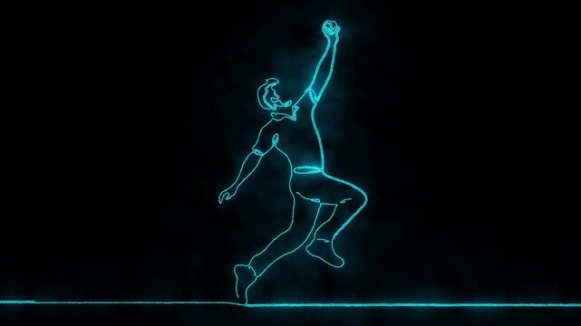 Continuous glowing blue line art animation of a cricket bowler delivering a ball on pitch.