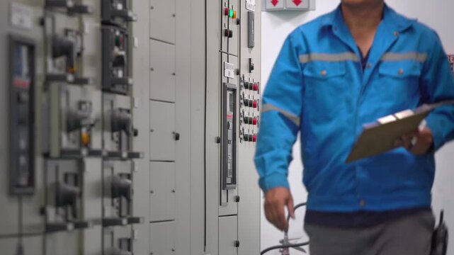 Engineer using electrical measurement equipment to inspect power parameters inside a substation control room, illustrating electricity distribution, power monitoring, industrial technology, energy eff