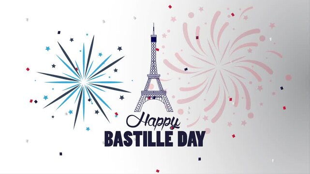 Happy Bastille Day animated footage with Eiffel Tower and fireworks celebrating French national holiday.