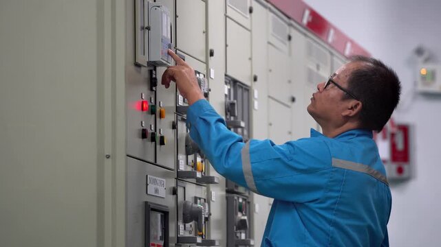 Electrical engineer analyzing control panel readings in a substation, representing modern power infrastructure, electrical system diagnostics, energy monitoring, industrial safety, reliable operation,