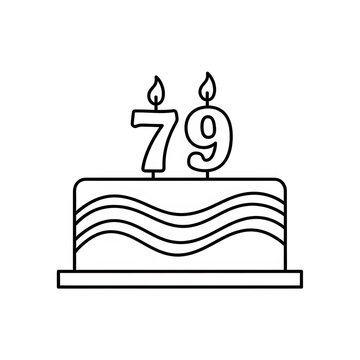 Birthday cake with number 79 candles line art icon isolated on transparent background