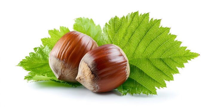 Two ripe hazelnuts with fresh green leaves isolated on a white background