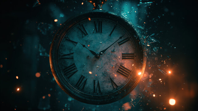 Ancient clock face shattering into fragments suspended in dark space, glowing sparks and dramatic motion create surreal sense of time breaking apart