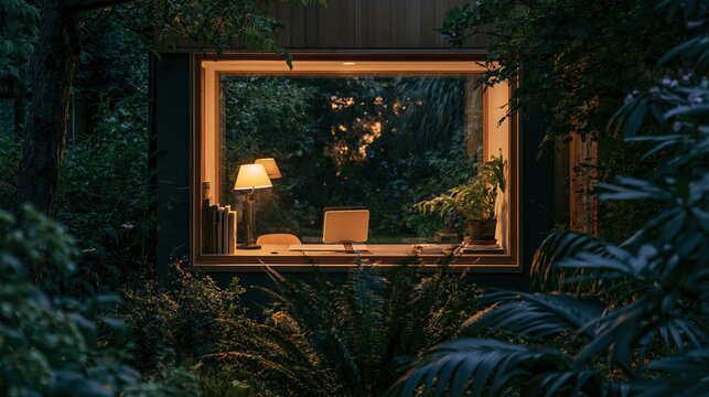 Framed through the lit window of a converted garden studio