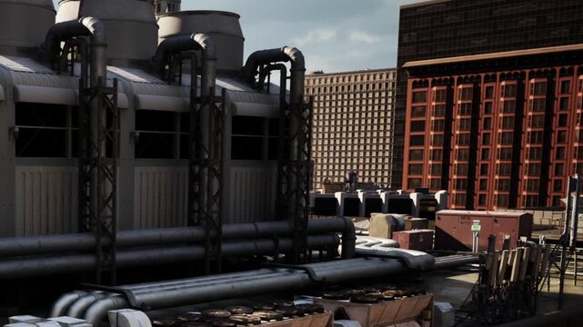 The scene shows large cooling towers and pipes situated on a city rooftop. The image captures a modern urban setting with buildings in the background during a clear day.