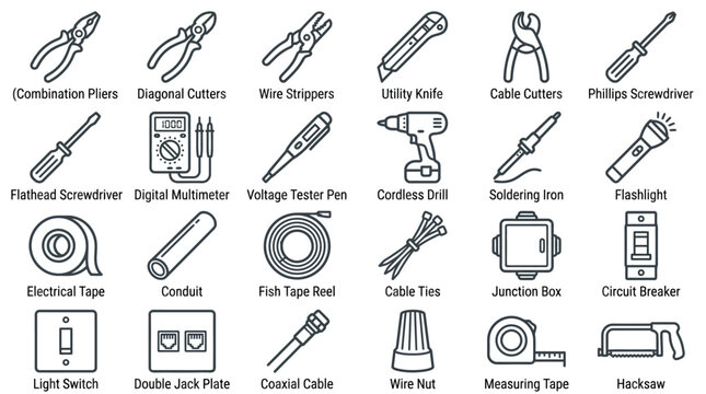 Electrical Tools and Equipment Icon Set in Flat Outline Style