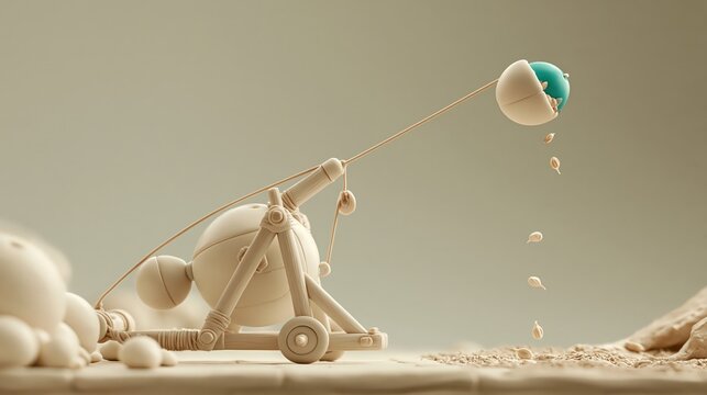 Glossy claymation style illustration of a small trebuchet