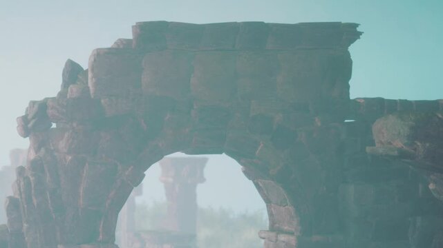 An old stone archway is visible in the fog. Surrounding ruins hint at a past civilization. The scene captures a mysterious moment at an archaeological site.
