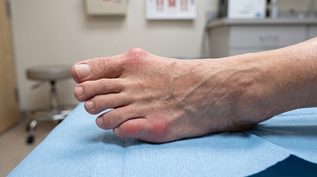 Close-up of a human foot with red swollen joint inflammation suggestive of gout or arthritis in a medical setting