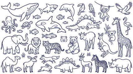 Obraz premium Diverse wild animal collection in bold outline style for educational art design.
