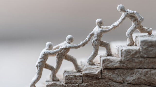 Elegant clay figures representing teamwork, collaboration, leadership, mutual support and business assistance, with helping hands guiding colleagues toward success, professional growth, achievement an