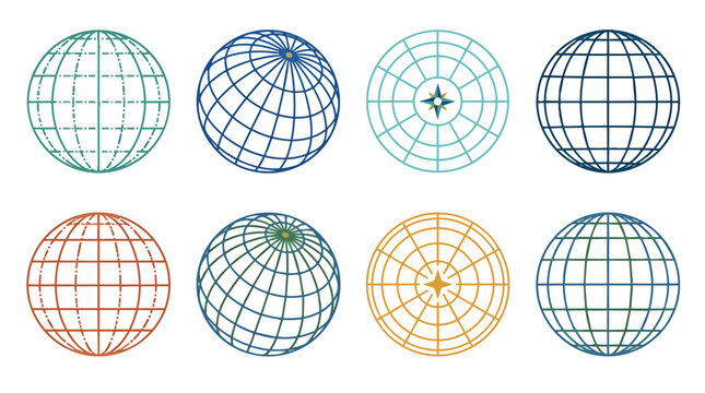 Geographic coordinate system and global wireframe grid spheres in minimalist vector style for navigation and cartography interfaces