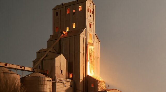 Layered cut paper illustration of a tall grain elevator