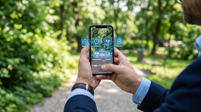 Businessman holding smartphone with augmented reality interface icons, managing projects and schedule outdoors in park, modern technology for remote work, digital transformation