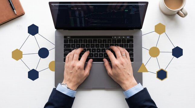 Top view of hands typing on laptop keyboard with blockchain network graphic overlay, cryptocurrency trading charts on screen, fintech technology, digital security