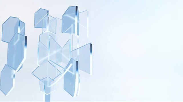 Abstract clear glass hexagon geometric shapes rotating in bright white space, modern clean futuristic technology background, data and science concept