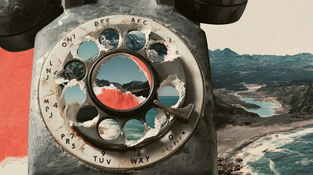 Mixed media collage illustration of a rotary telephone dial