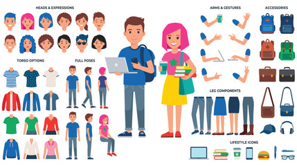 Fototapeta premium Student character construction kit with poses clothes and accessories set.
