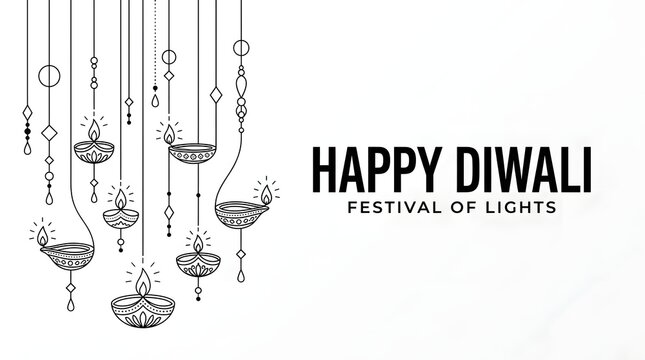 Minimalist line art illustration of hanging diya lamps with happy diwali festival of lights text isolated on white background
