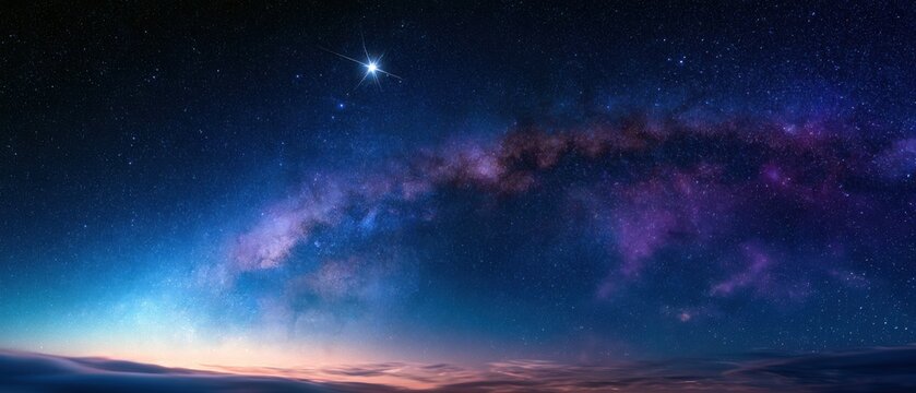 Milky way galaxy with bright shooting star and purple blue nebula over twilight horizon with soft clouds