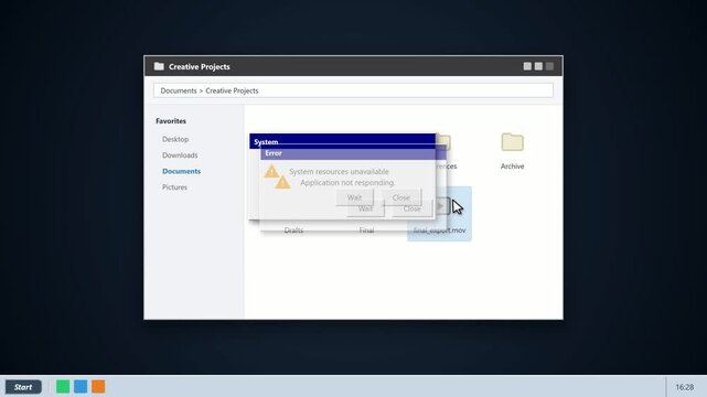 Application not responding error on computer desktop interface. 4K  Video