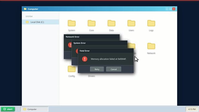 Computer system error pop up windows over a folder interface. 4K Video