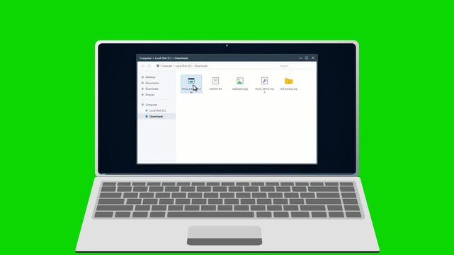 Laptop screen showing software install process on green background. 4K Video