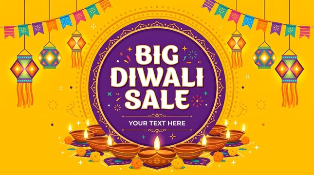 Big diwali sale promotional banner with hanging lanterns, colorful bunting flags, and glowing diya lamps on a bright yellow background