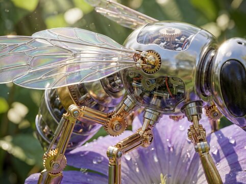 Extreme macro view of a highly detailed mechanical bee made of glass and brass gears resting on a purple flower, futuristic biomimicry and steampunk robotic insect engineering
