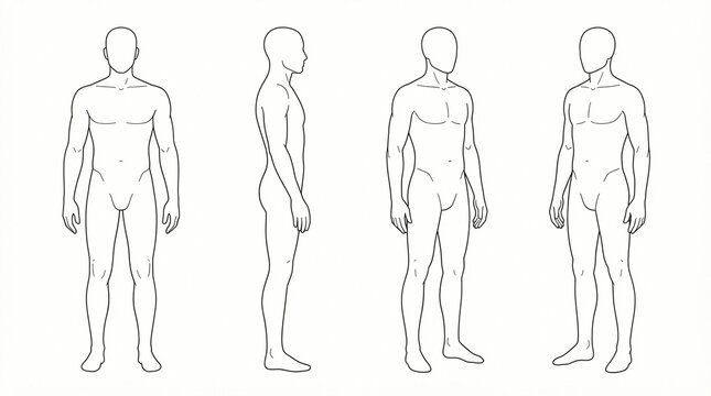 Male human body template showing four different poses including front side and perspective views isolated on a clean white background created with simple black digital lines