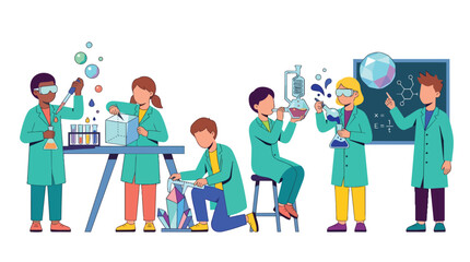 Fototapeta premium Elementary school students conducting chemical experiments and stem learning in a modern flat vector illustration for primary education and science outreach programs