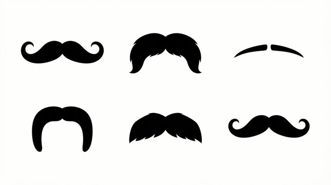Diverse collection of black silhouettes showing various mustache styles for men isolated on a clean white background featuring classic vintage designs and thick artistic hair shapes.