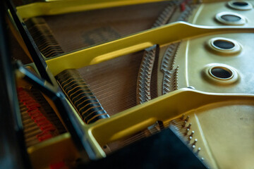 Close-up of the inner golden cast iron plate and steel strings of a grand piano showing the metal tuning pins and felt dampers. © AncientAftertone