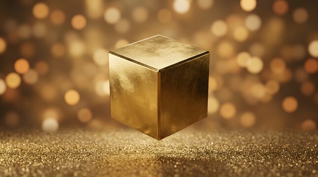 A floating golden cube against a blurred, shimmering bokeh background with a sparkling surface below