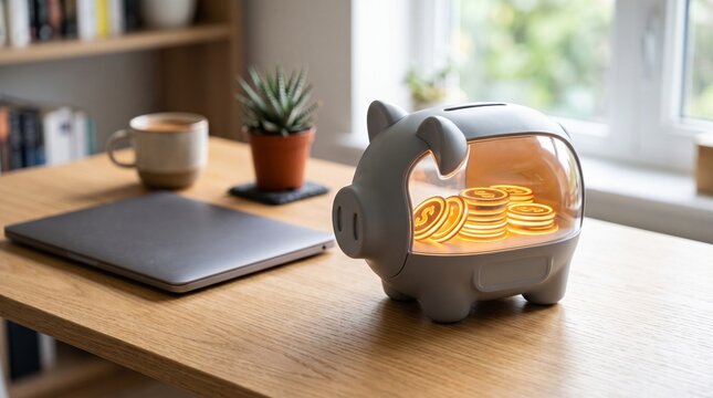 Piggy Bank on Desk: A charming piggy bank, filled with gleaming gold coins, sits on a wooden desk next to a laptop and coffee cup.