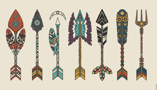 Set of tribal native American arrows with feathers, geometric patterns, and various stone and trident tips.