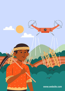 Smart farming vertical poster template with agriculture drone scanning wheat fields and farmer