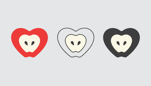 Slice of apple in a heart shape is presented in three design variations: vibrant red, minimalist outline, and solid dark grey.