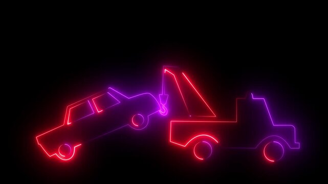 Glowing Neon Tow Truck Towing a Broken Car animation on Black Background
