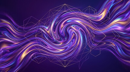 Abstract purple liquid swirl with geometric sacred geometry lines. Glowing violet energy waves. Futuristic flowing silk texture background. isolated PNG with Transparent Background