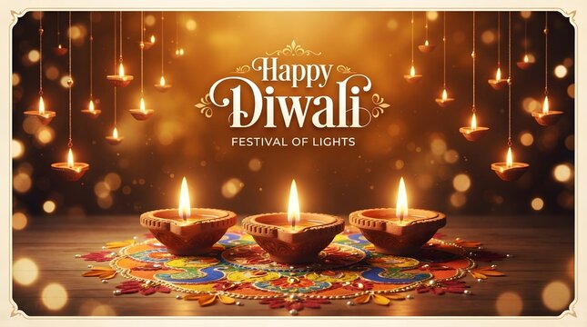 Happy diwali festival of lights greeting with traditional clay diyas on a colorful rangoli pattern and hanging lanterns
