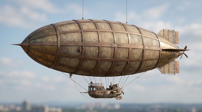 Vintage steampunk airship flying through a blue sky