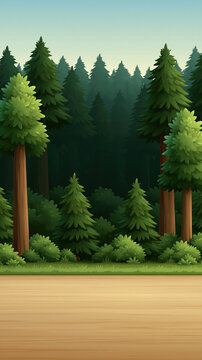 Vertical forest background pine tree wooden road game stage cartoon style green landscape empty scene forest path mobile game nature backdrop