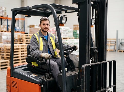 Male employee operating industrial forklift in modern warehouse
