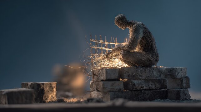 Figure tending small campfire at night