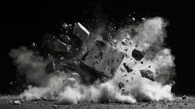 Dramatic Explosion of Concrete Block with Dust and Debris.