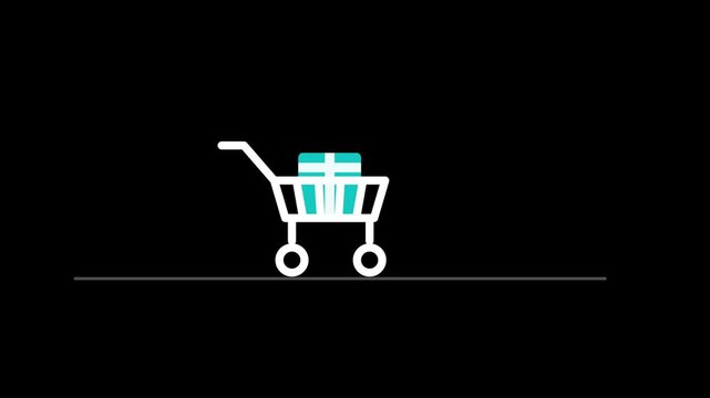 Add to Cart Animation with Teal Parcel Loading into a White Line Art Shopping Trolley on Black Background 4K Luma Key Overlay