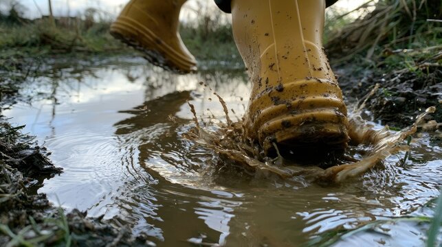 Child in yellow rain boots jumping into a muddy puddle outdoors.