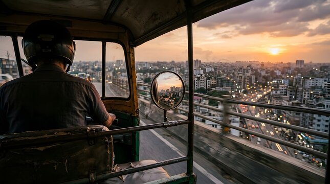 A view from inside a tuktuk driving over a bridge in a city during a beautiful golden sunset