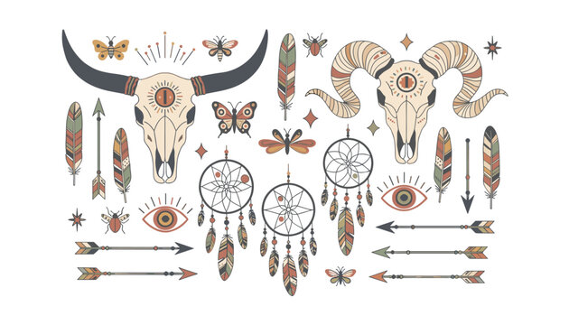 Collection of bohemian native elements including animal skulls, dreamcatchers, arrows, feathers, and butterflies.